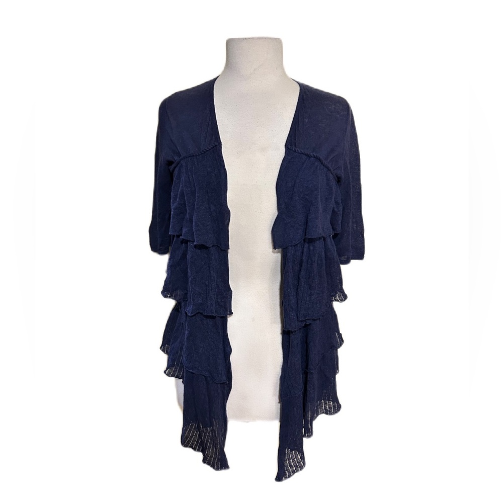 Moth Navy Short Sleeve Ruffle Layer Falling Tiers Linen Blend Cardigan Small